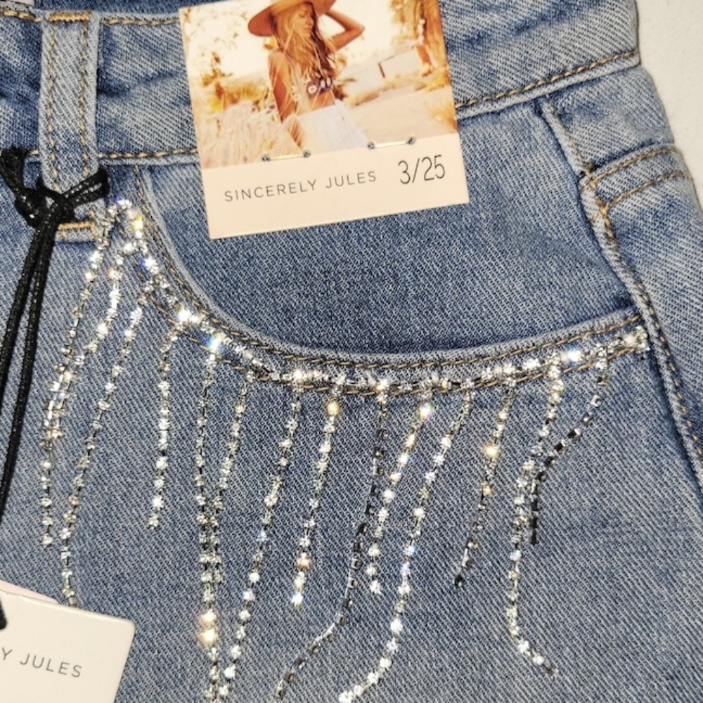 Denim Jean Shorts with Rhinestone Crystal Bling Fringe, size 3/25 - Picture 5 of 5